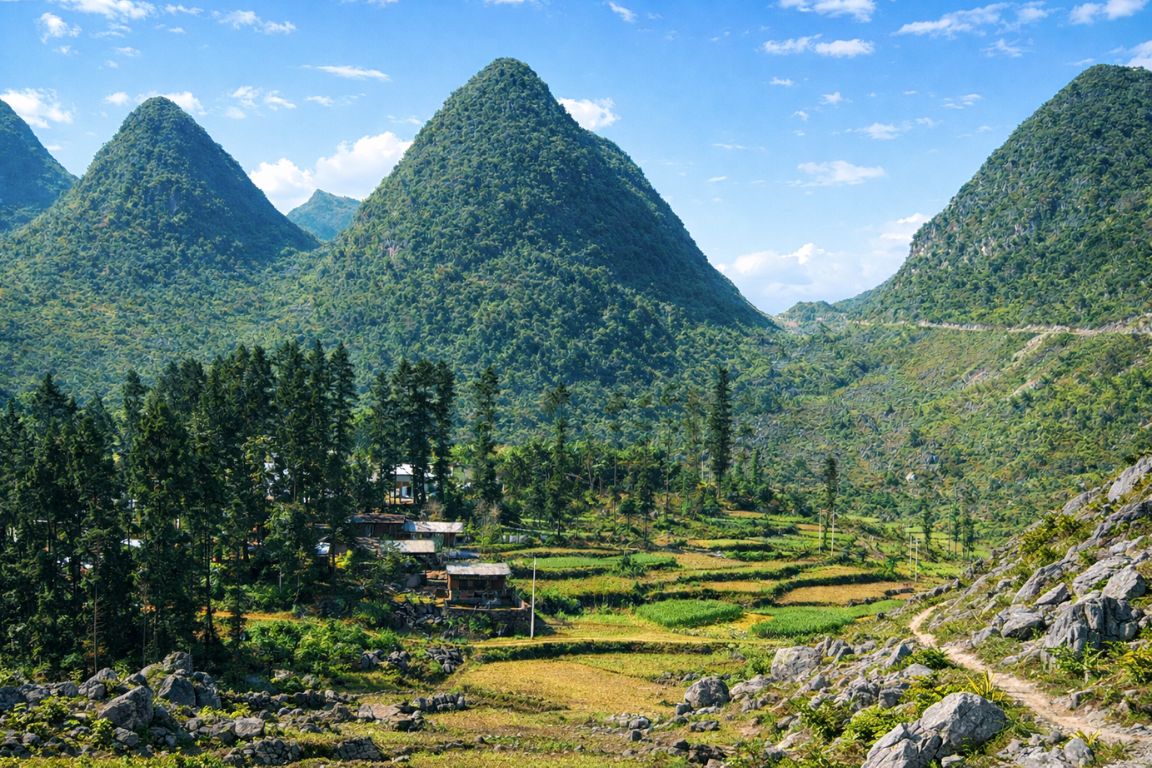 Rocky limestone mountains and valleys of Dong Van Karst Plateau Geopark seen on a Ha Giang Tours experience