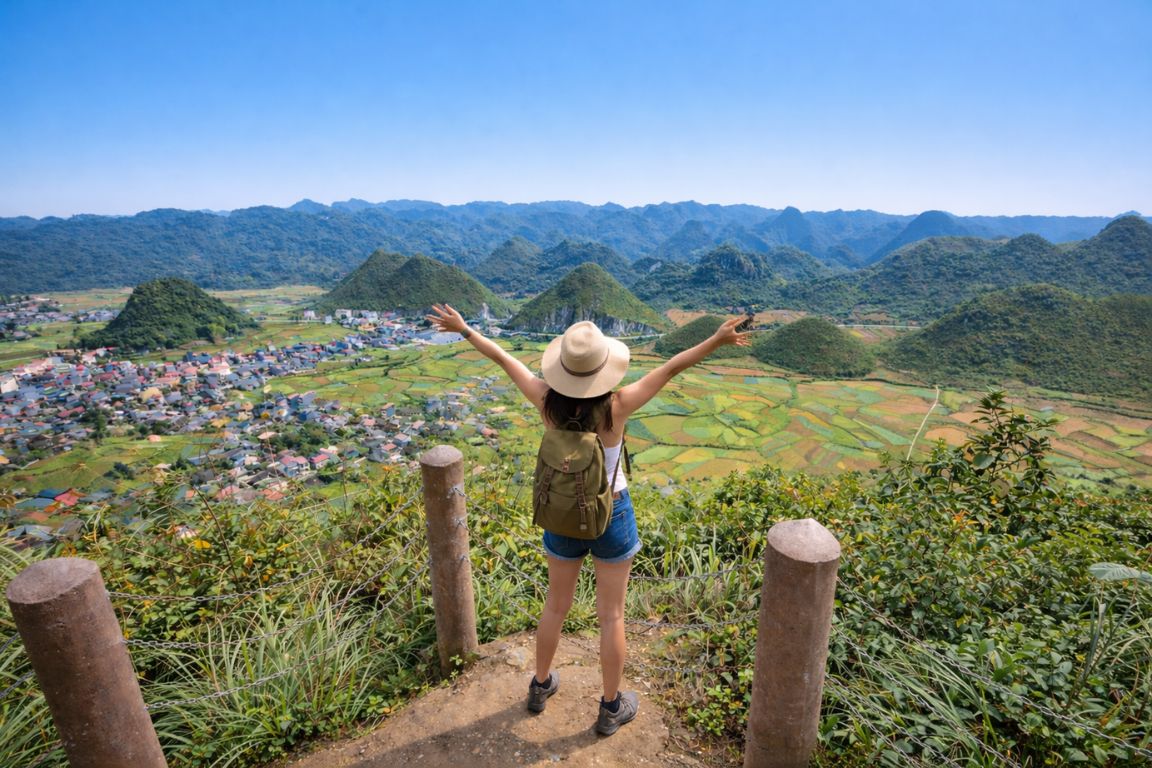 View from Heaven’s Gate Quan Ba showing green valleys, limestone hills, and rice terraces, captured on a Ha Giang Tours mountain journey